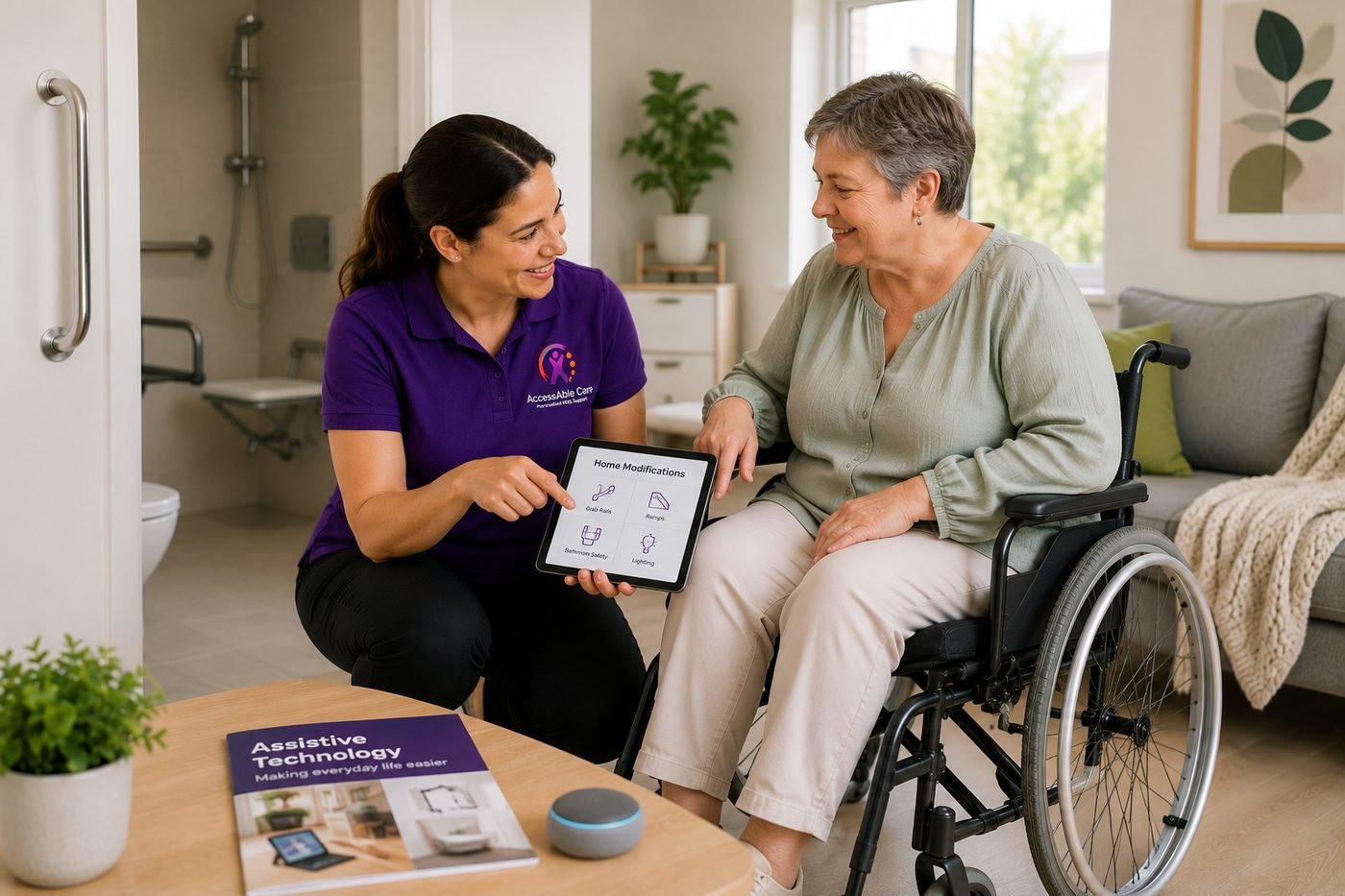 Accessable Care support worker showing a participant home modification options on a tablet