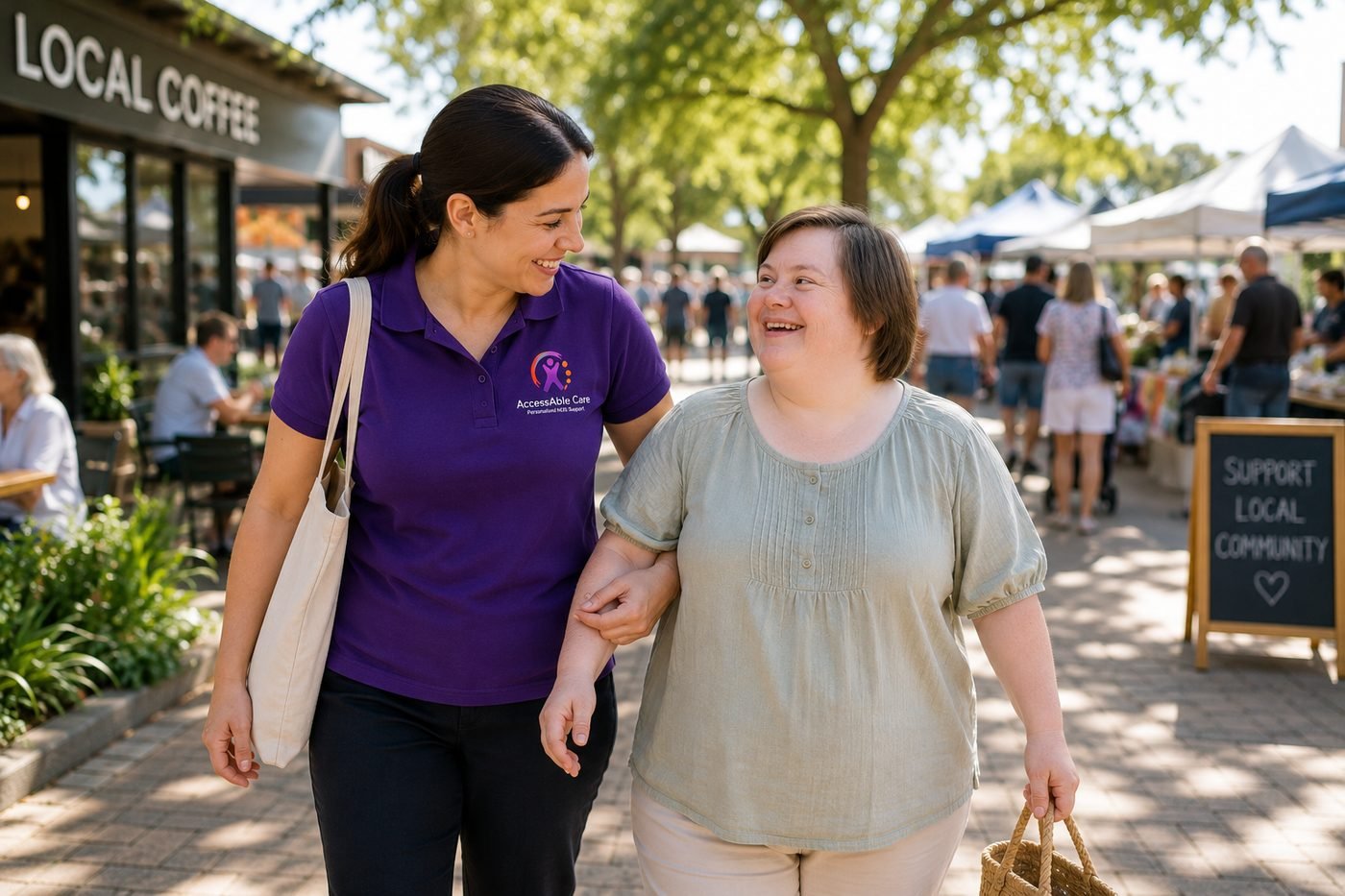 Accessable Care support worker walking arm in arm with a participant at a local market