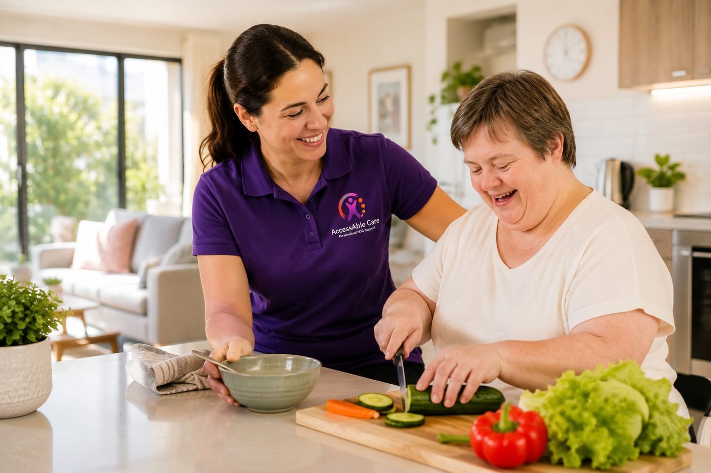Accessable Care support worker helping a participant prepare vegetables in the kitchen