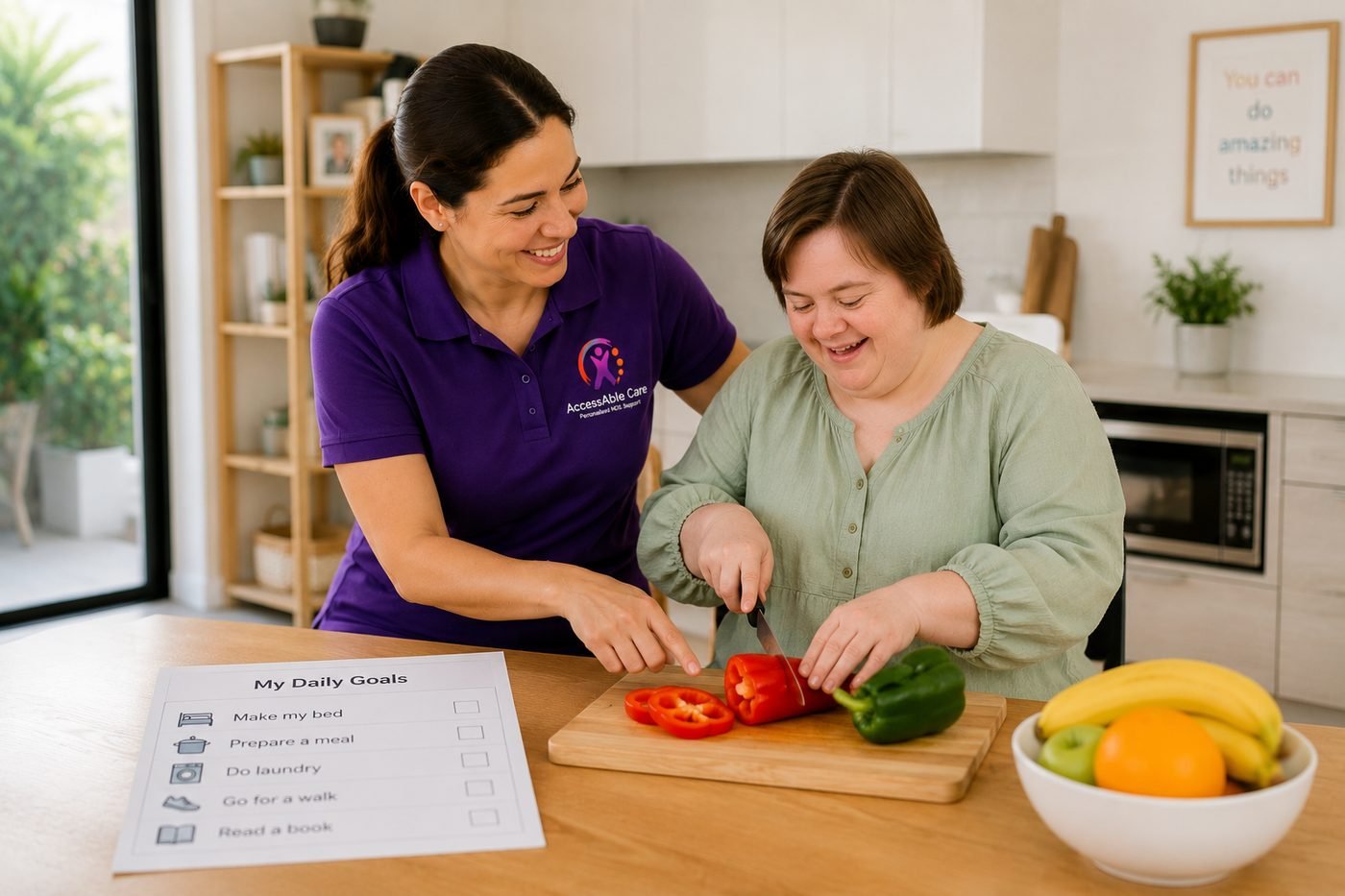 Accessable Care support worker coaching a participant while cutting vegetables, with a daily goals checklist on the table