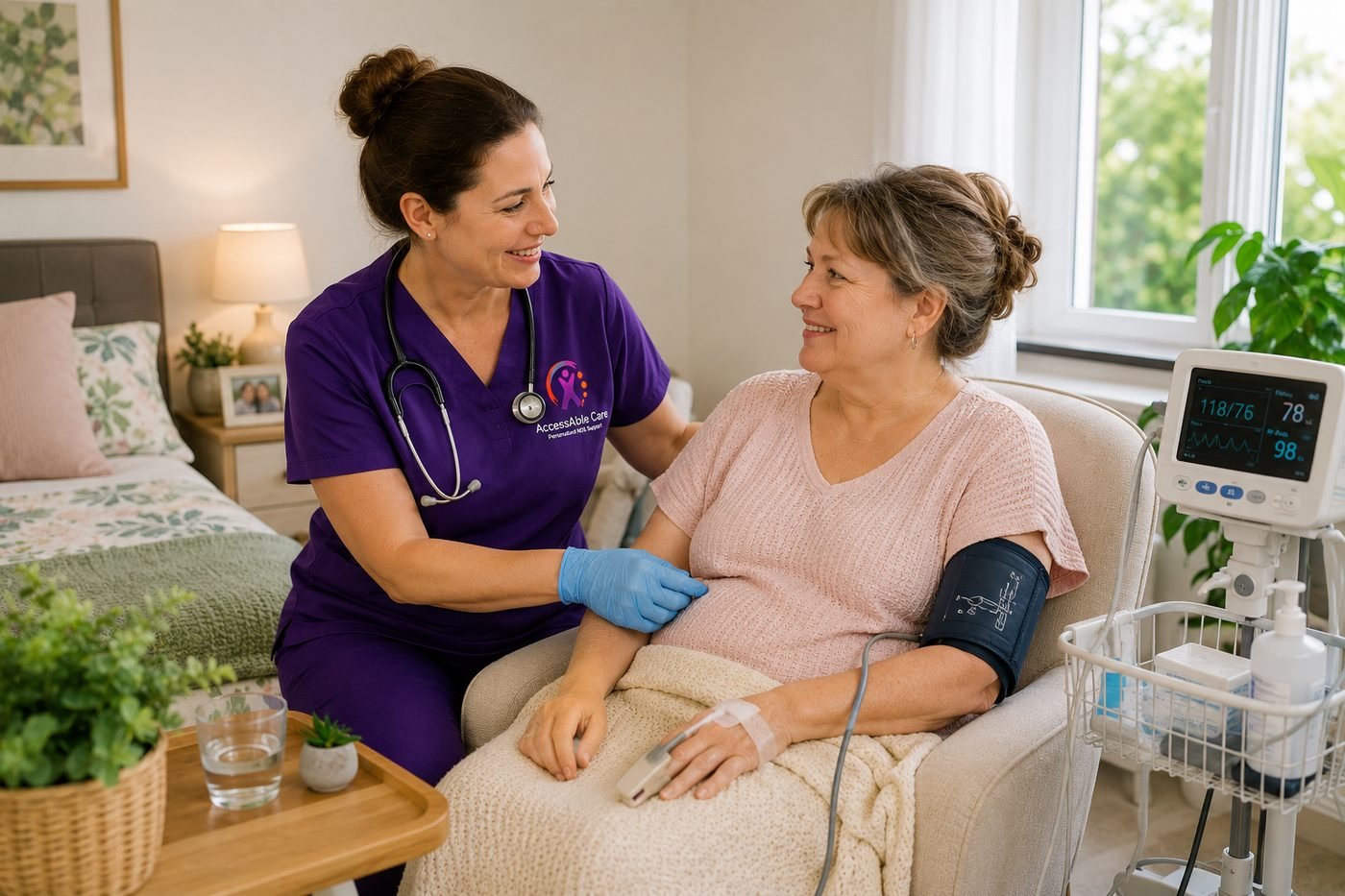 Accessable Care registered nurse checking a participant's blood pressure at home