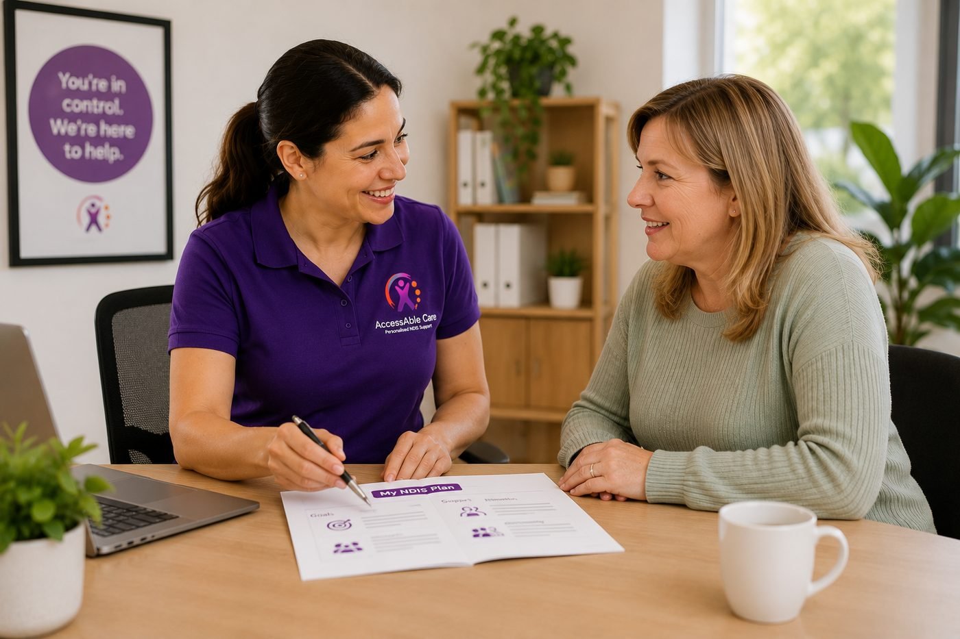 Accessable Care support coordinator reviewing an NDIS plan document with a participant at the office